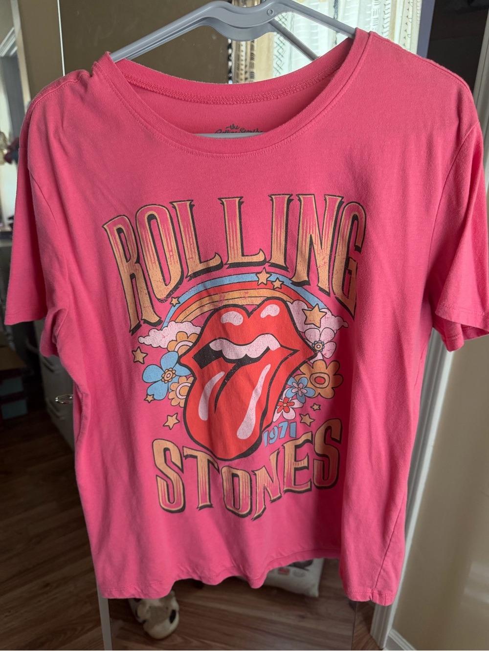 the Rolling Stones Pink Graphic Tee with Retro Tongue Logo
